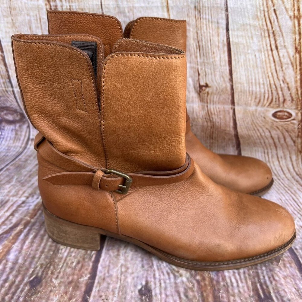 J. Crew Brown Tan Leather Ankle Boots Women's Size 8.5 Buckle Heeled